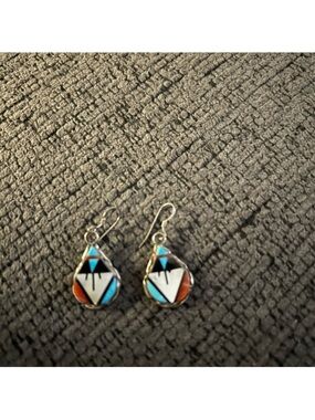 Sterling Silver Teardrop Inlay Earrings with Turquoise & Coral
